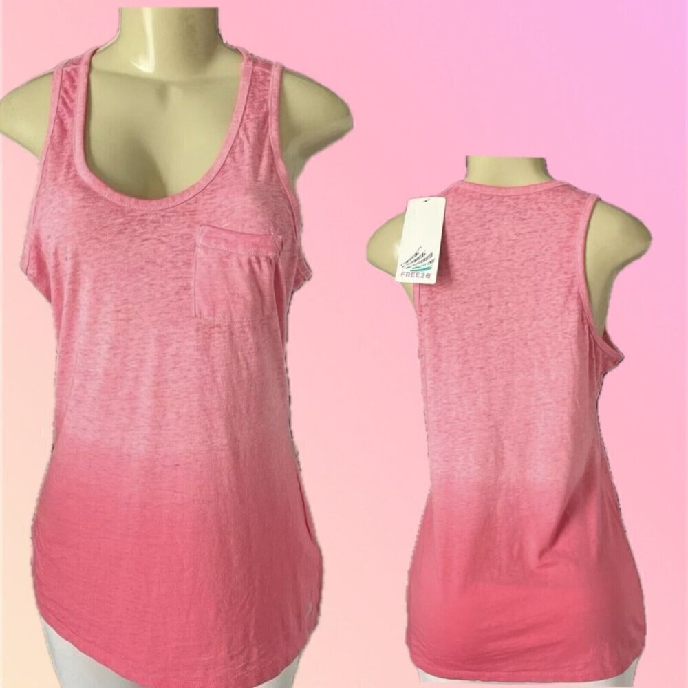 Free 2B XL Pink Heather Ombre Scoop Neckline Chest Pocket Curved Hem Tank Top